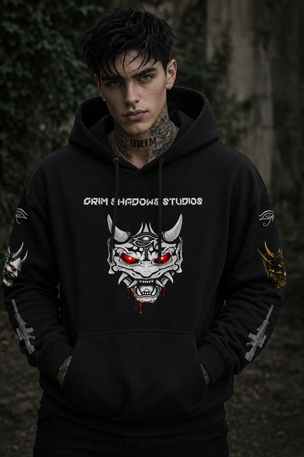 GRIM SHADOWS - GOTHIC ONI GSU -  Oversize Fleeced Hoodie