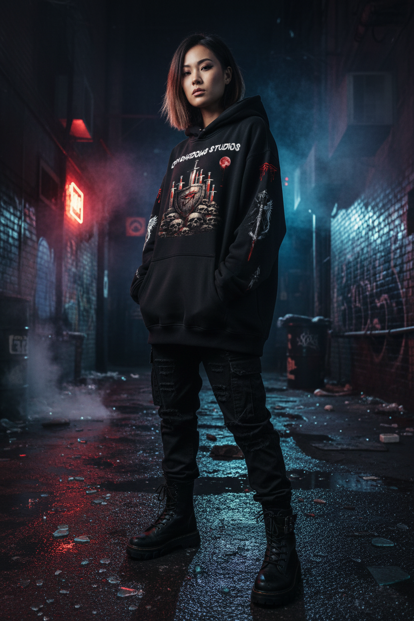 Asian female model wearing BLADES UNDER A BLOOD MOON hoodie