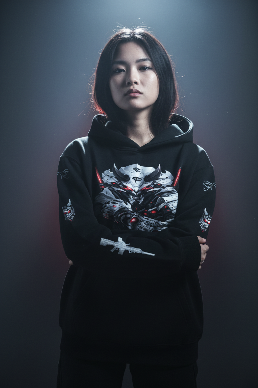 Asian female model wearing Grim Shadows hoodie