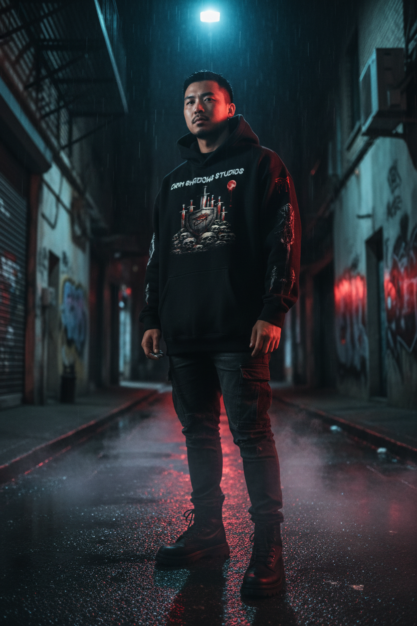 Asian male model wearing BLADES UNDER A BLOOD MOON hoodie