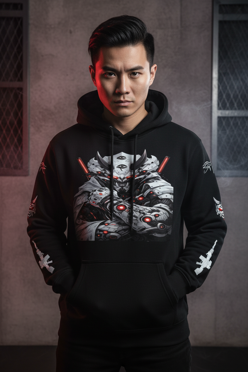Asian male model wearing Grim Shadows hoodie
