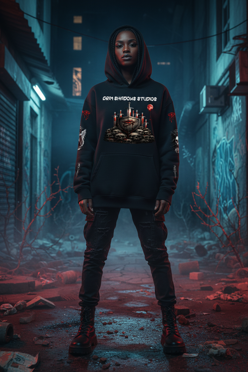 Black female model wearing BLADES UNDER A BLOOD MOON hoodie