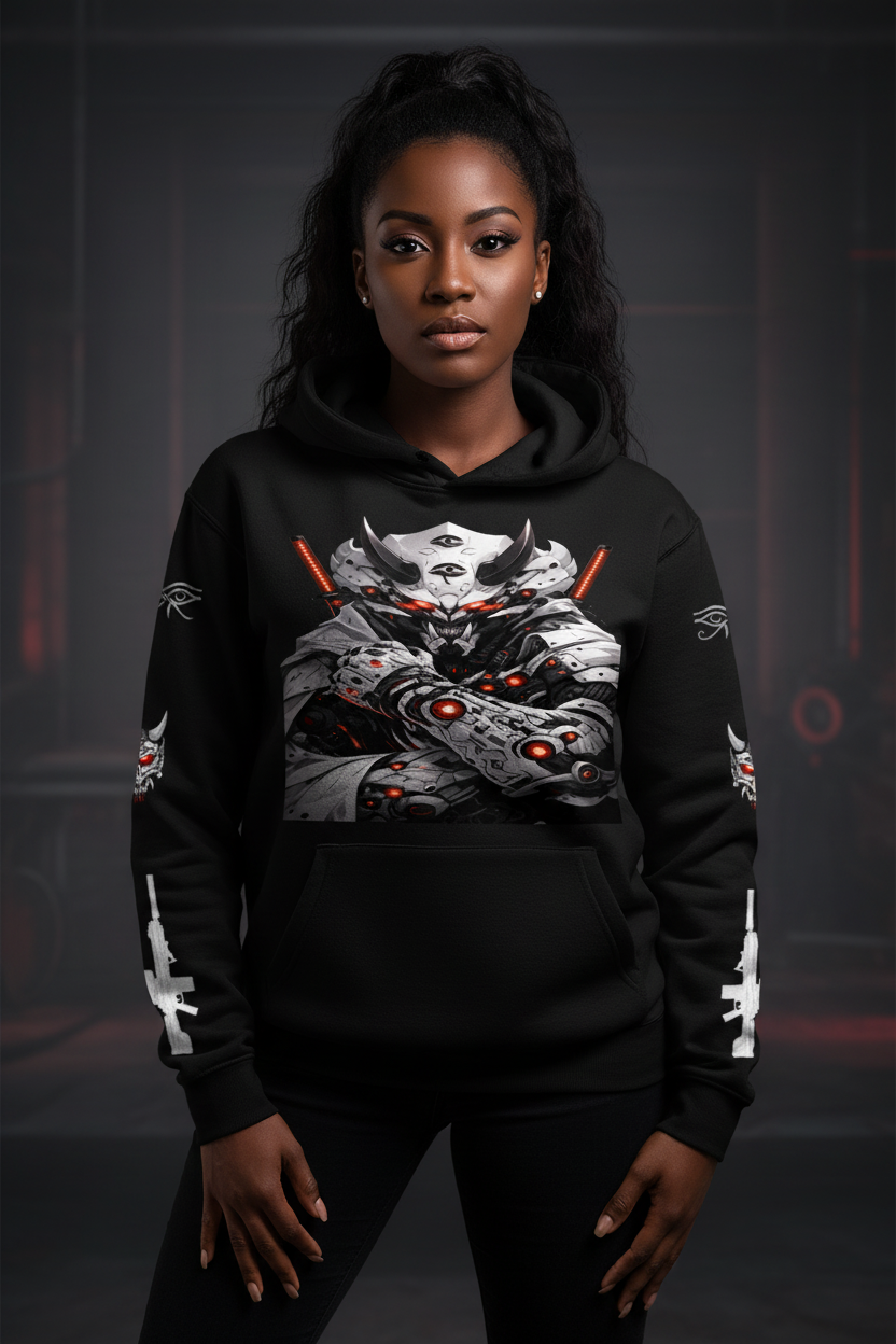 Black female model wearing Grim Shadows hoodie