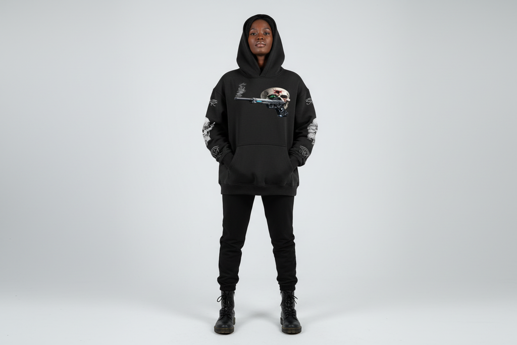 Black female wearing BULLSEYE hoodie