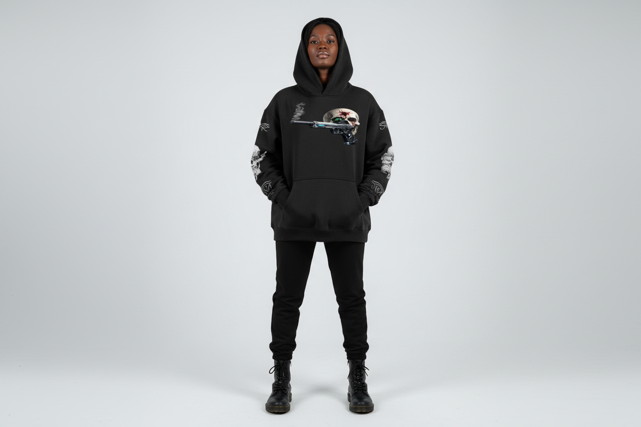 Black female wearing BULLSEYE hoodie