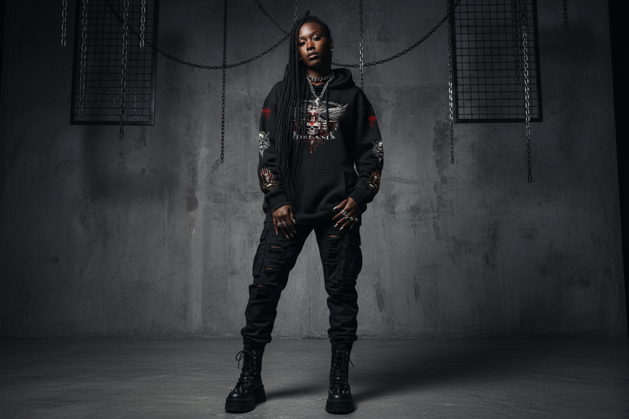 Black female wearing D.R.E.A.M hoodie