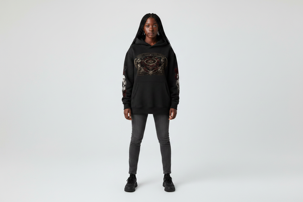 Black female wearing DEATH AND THE GRIM EYE hoodie