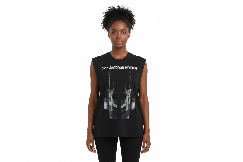 Black female wearing ONI SNIPER RIFLE tank top