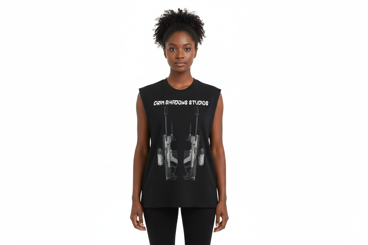 Black female wearing ONI SNIPER RIFLE tank top