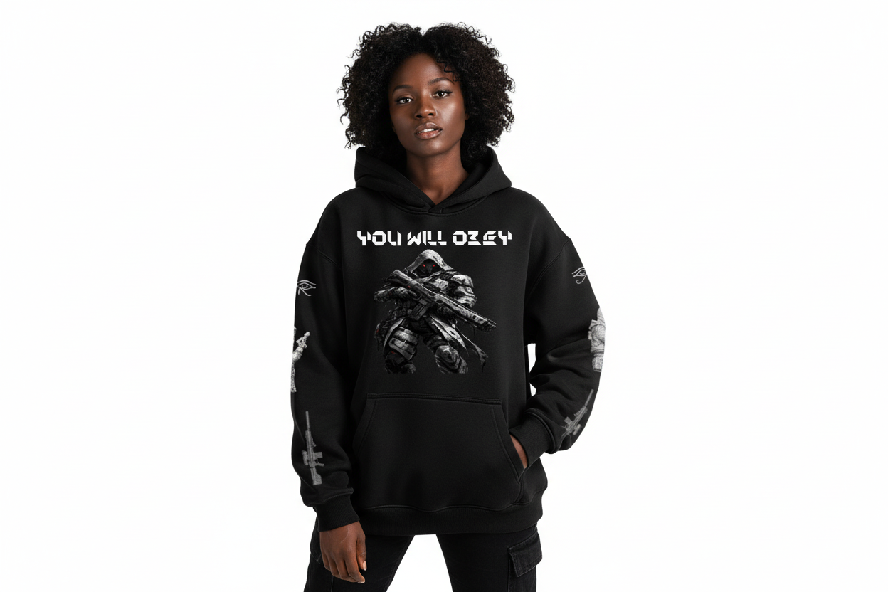 Black female wearing YOU WILL OBEY hoodie