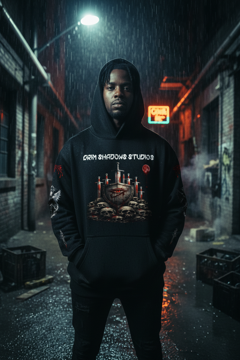 Black male model wearing BLADES UNDER A BLOOD MOON hoodie