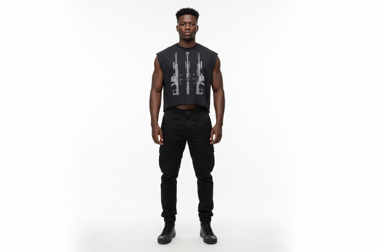 Black male wearing BLACK ARROW ARMS tank top