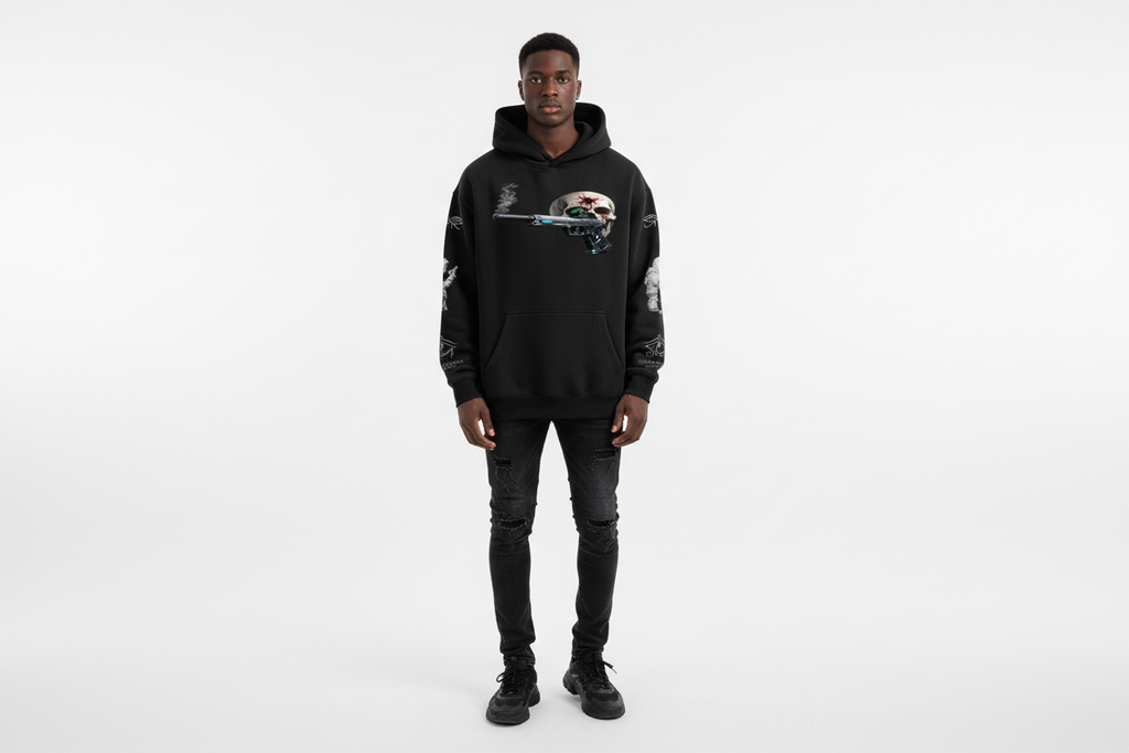 Black male wearing BULLSEYE hoodie