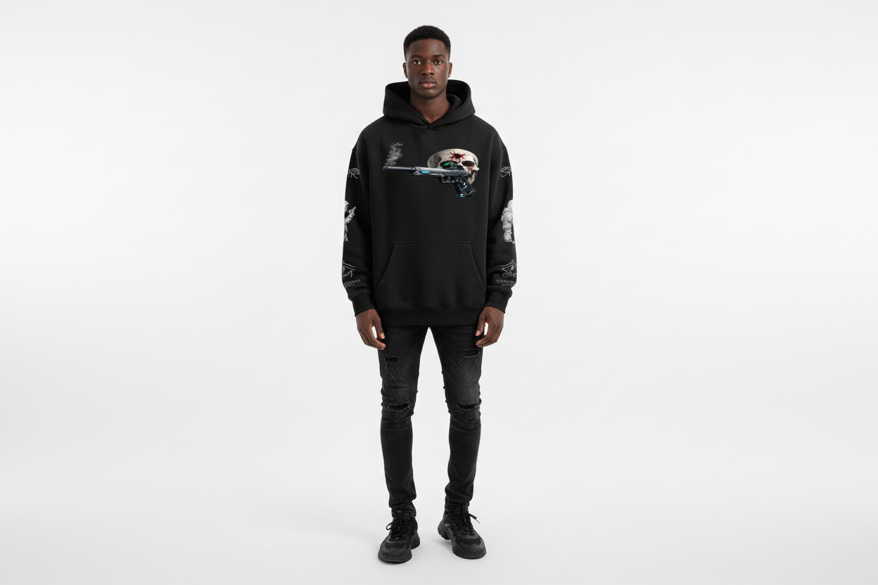 Black male wearing BULLSEYE hoodie
