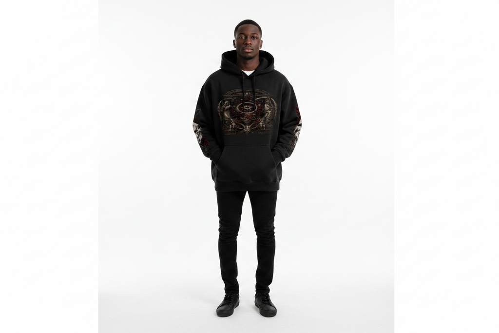 Black male wearing DEATH AND THE GRIM EYE hoodie