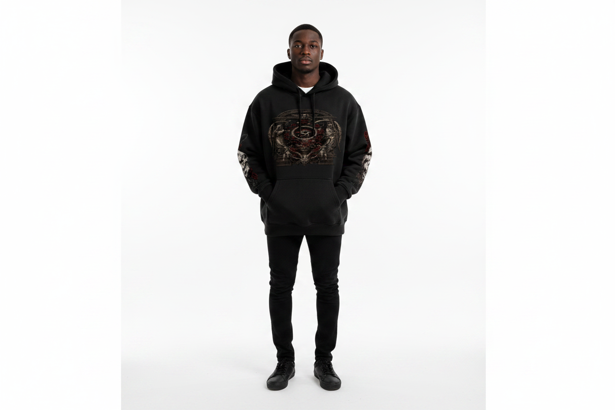 Black male wearing DEATH AND THE GRIM EYE hoodie