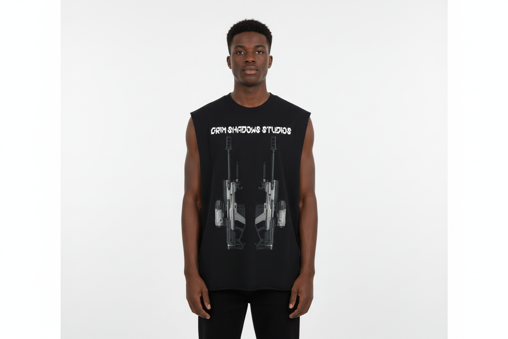 Black male wearing ONI SNIPER RIFLE tank top