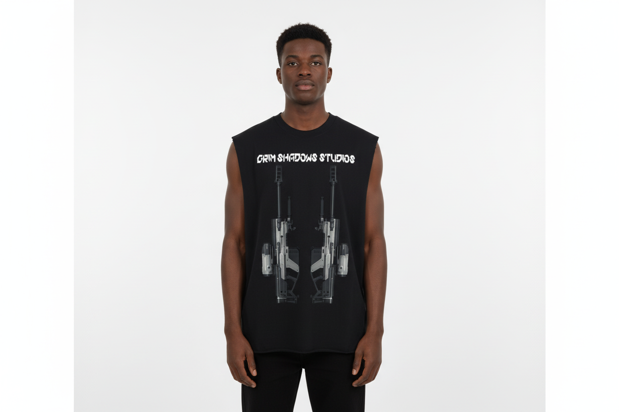 Black male wearing ONI SNIPER RIFLE tank top