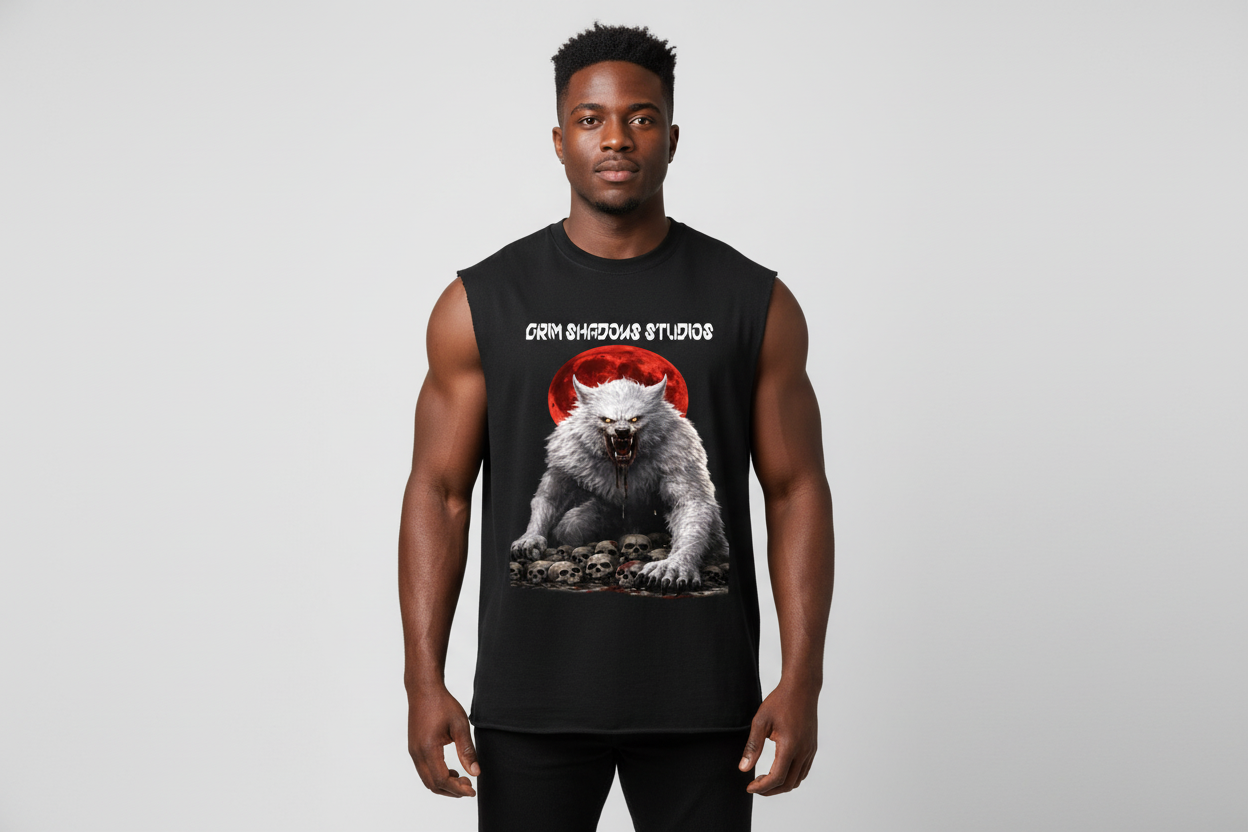 Black male wearing WHITE WOLF BLOOD MOON tank top
