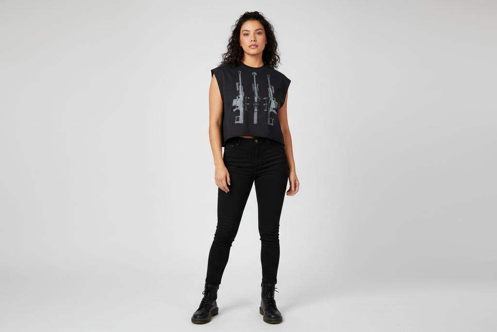 Hispanic female wearing BLACK ARROW ARMS tank top