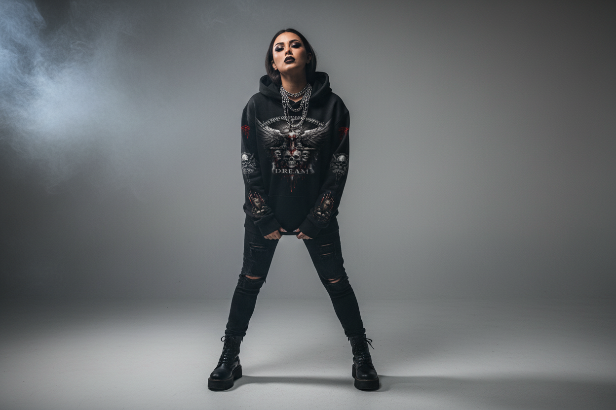 Hispanic female wearing D.R.E.A.M hoodie