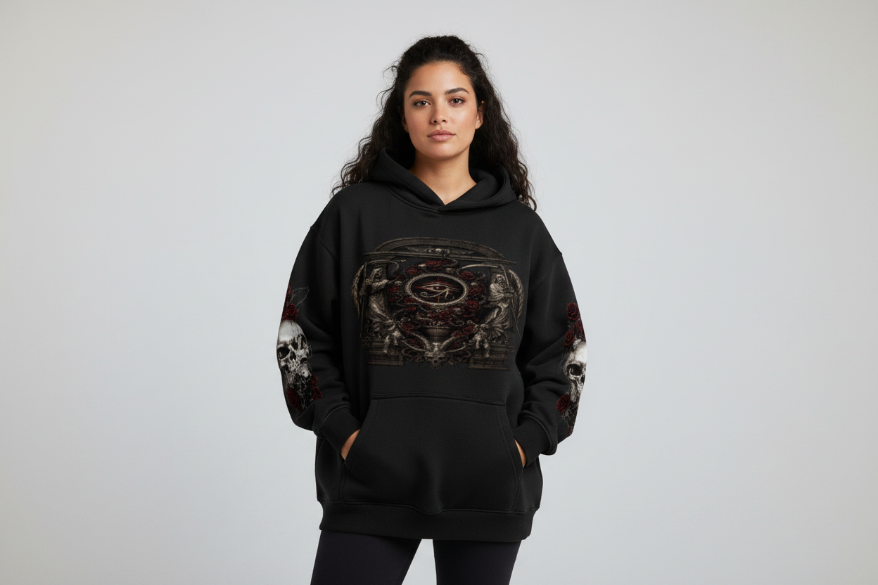 Hispanic female wearing DEATH AND THE GRIM EYE hoodie