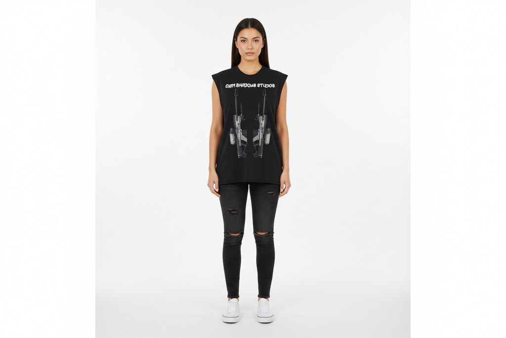 Hispanic female wearing ONI SNIPER RIFLE tank top