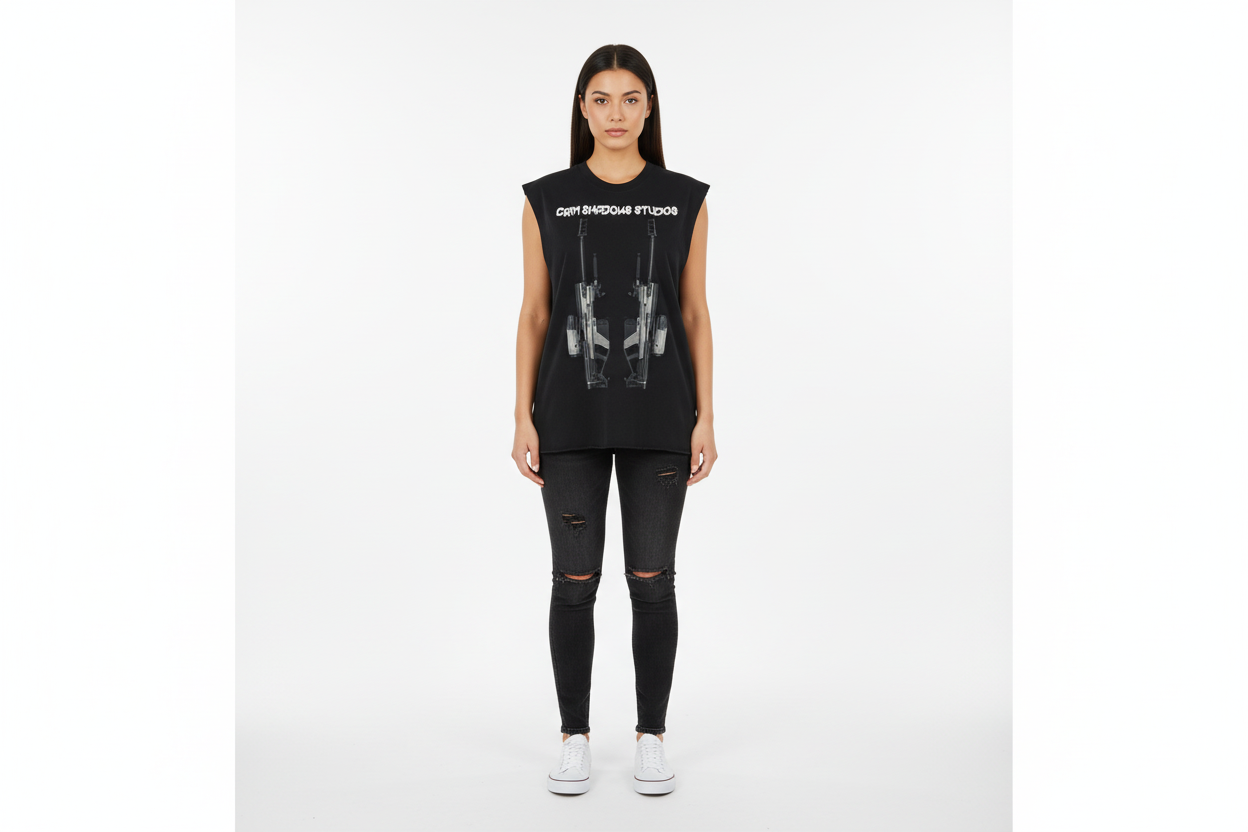 Hispanic female wearing ONI SNIPER RIFLE tank top