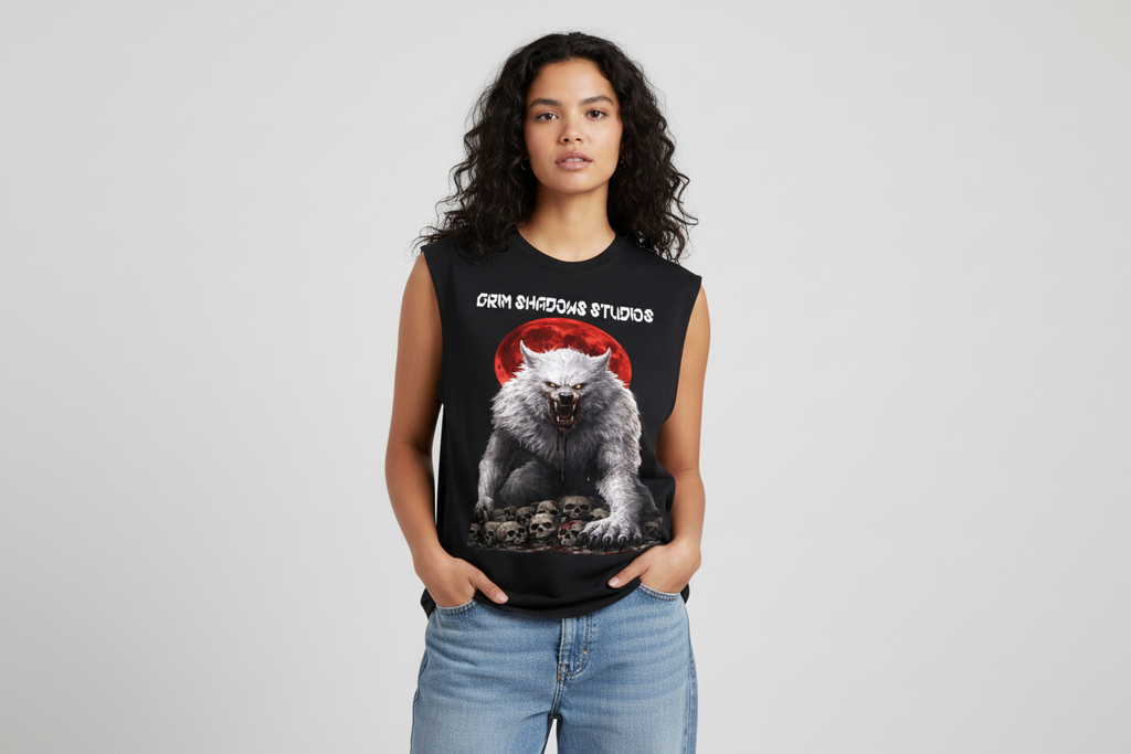 Hispanic female wearing WHITE WOLF BLOOD MOON tank top