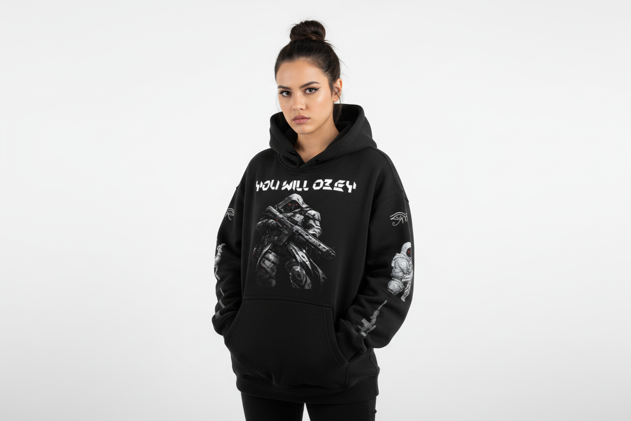 Hispanic female wearing YOU WILL OBEY hoodie