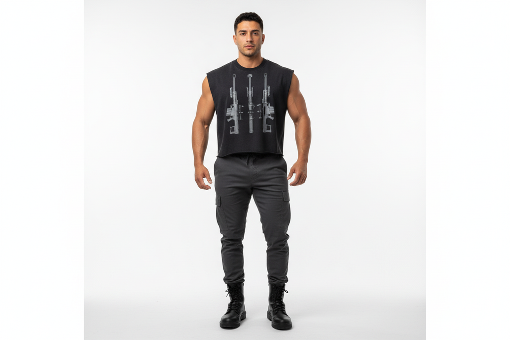 Hispanic male wearing BLACK ARROW ARMS tank top