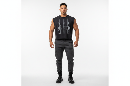 Hispanic male wearing BLACK ARROW ARMS tank top