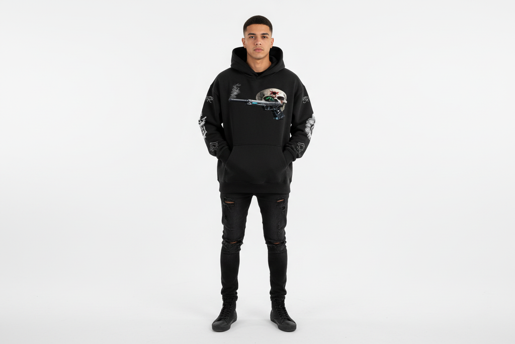 Hispanic male wearing BULLSEYE hoodie