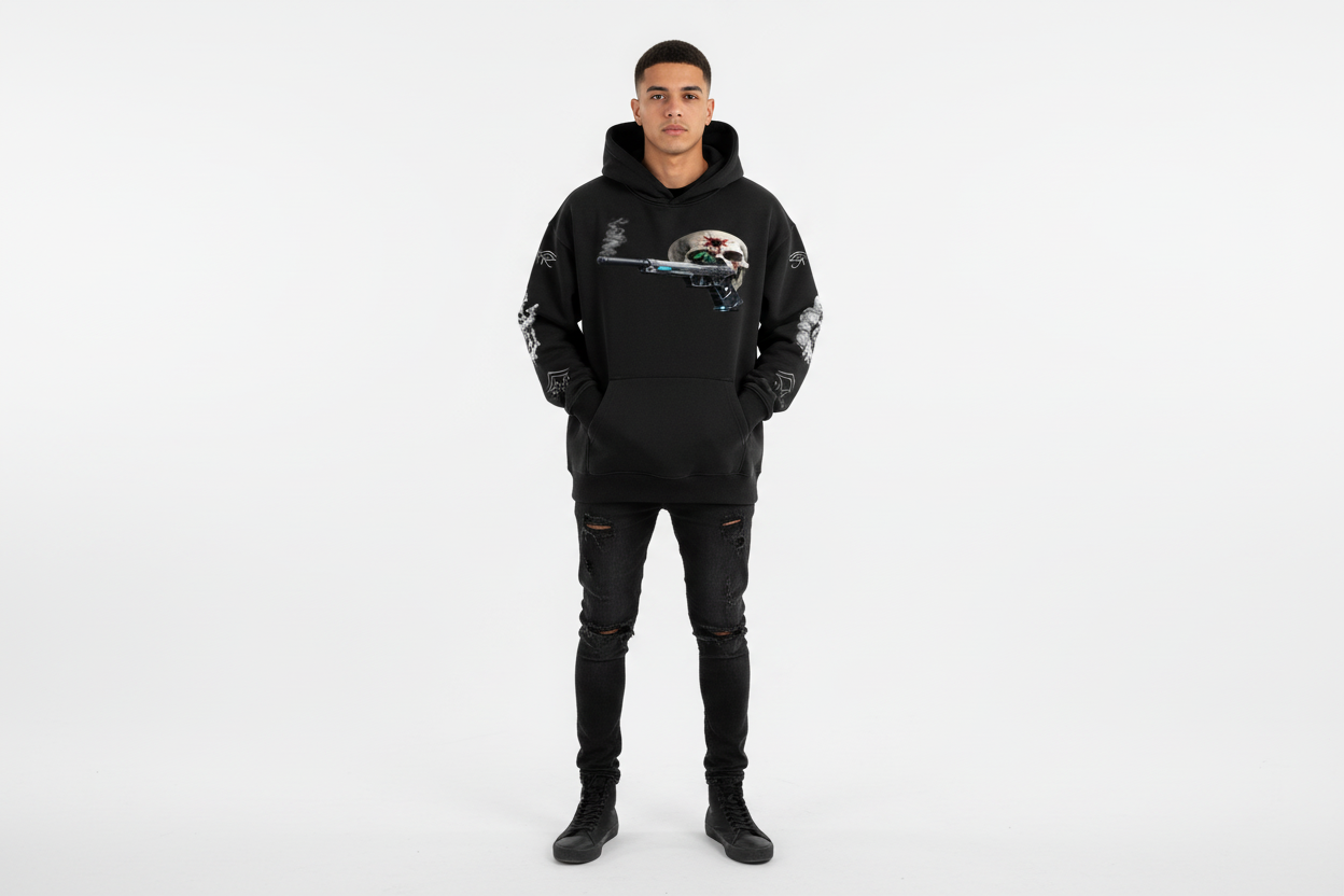 Hispanic male wearing BULLSEYE hoodie
