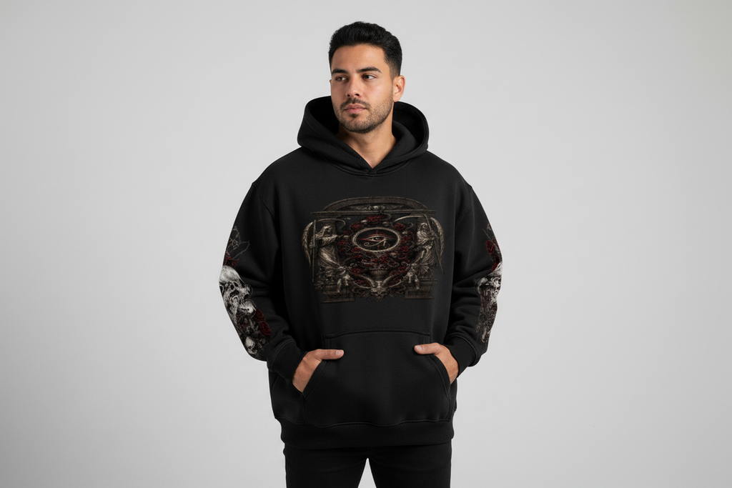 Hispanic male wearing DEATH AND THE GRIM EYE hoodie