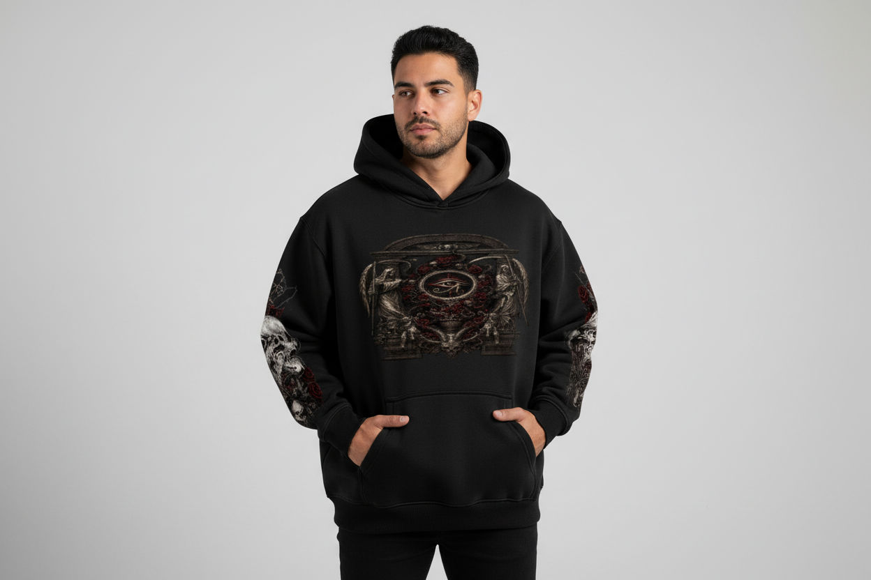 Hispanic male wearing DEATH AND THE GRIM EYE hoodie