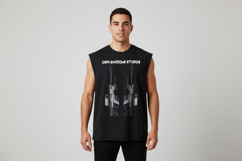 Hispanic male wearing ONI SNIPER RIFLE tank top