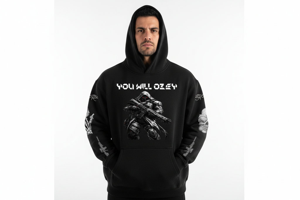 Hispanic male wearing YOU WILL OBEY hoodie