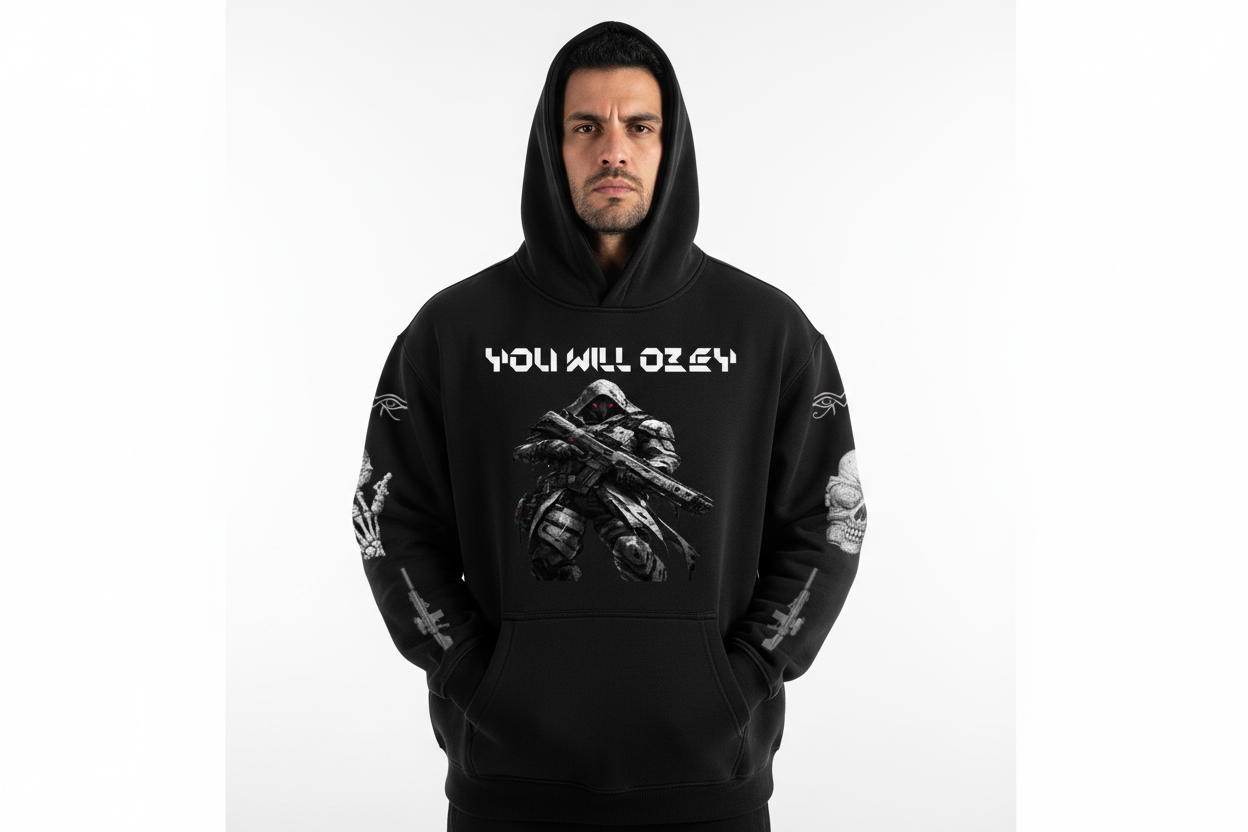 Hispanic male wearing YOU WILL OBEY hoodie