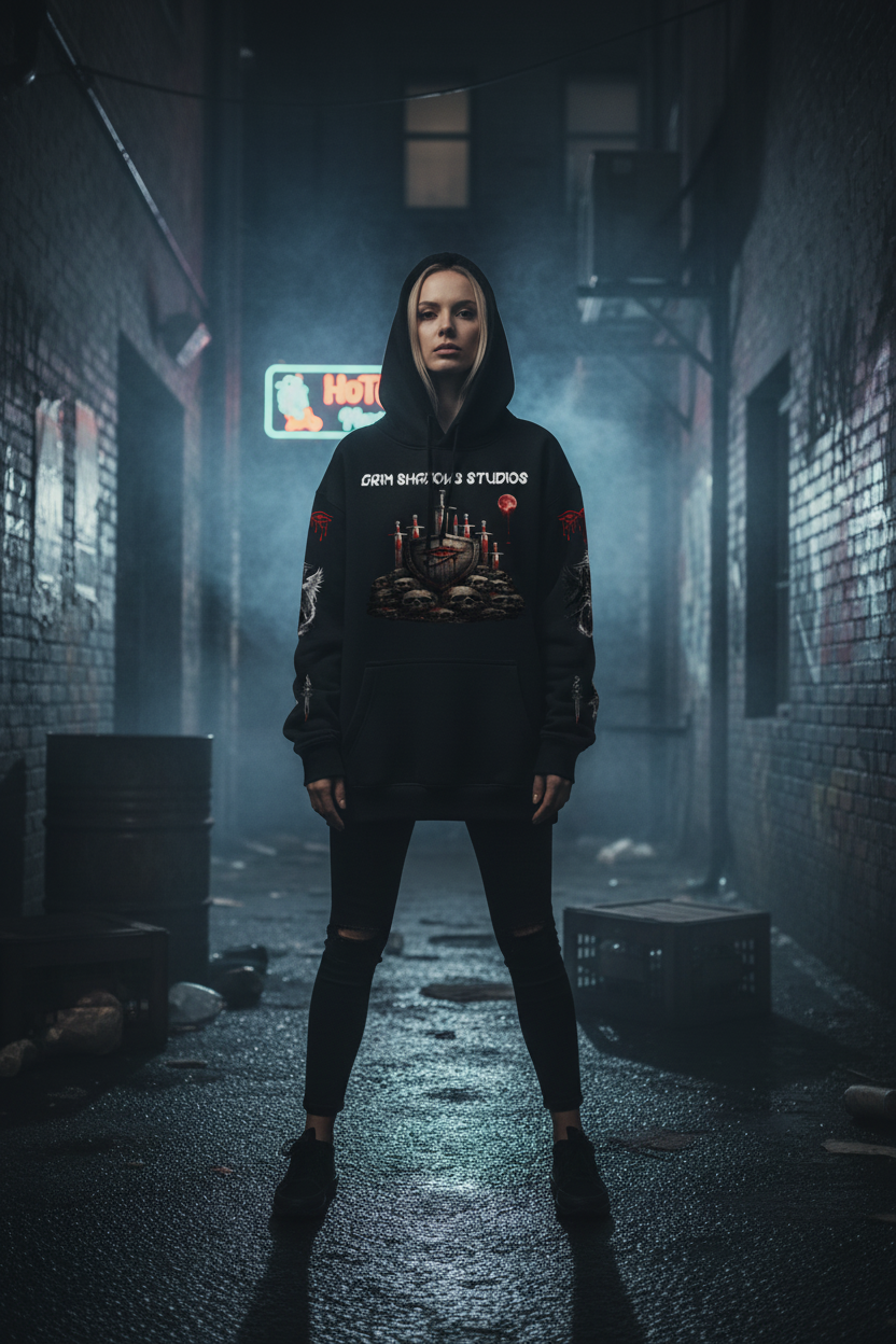 White female model wearing BLADES UNDER A BLOOD MOON hoodie