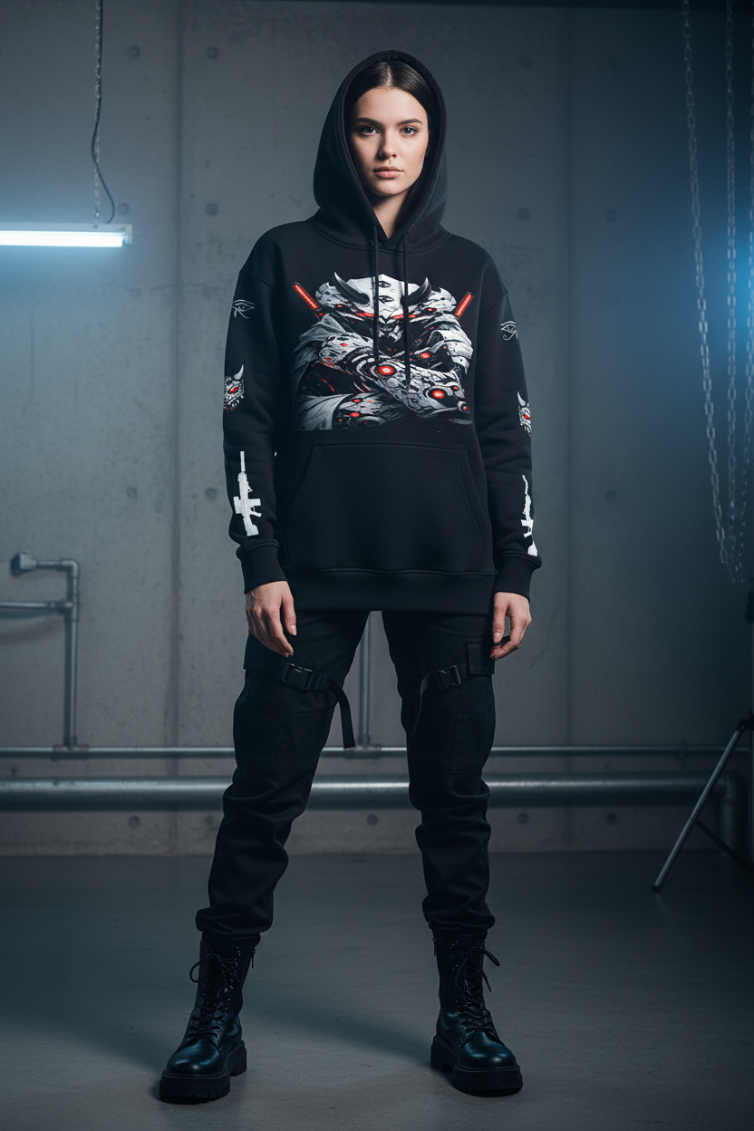 White female model wearing Grim Shadows hoodie