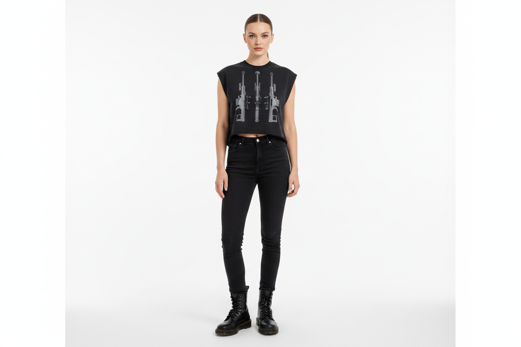 White female wearing BLACK ARROW ARMS tank top