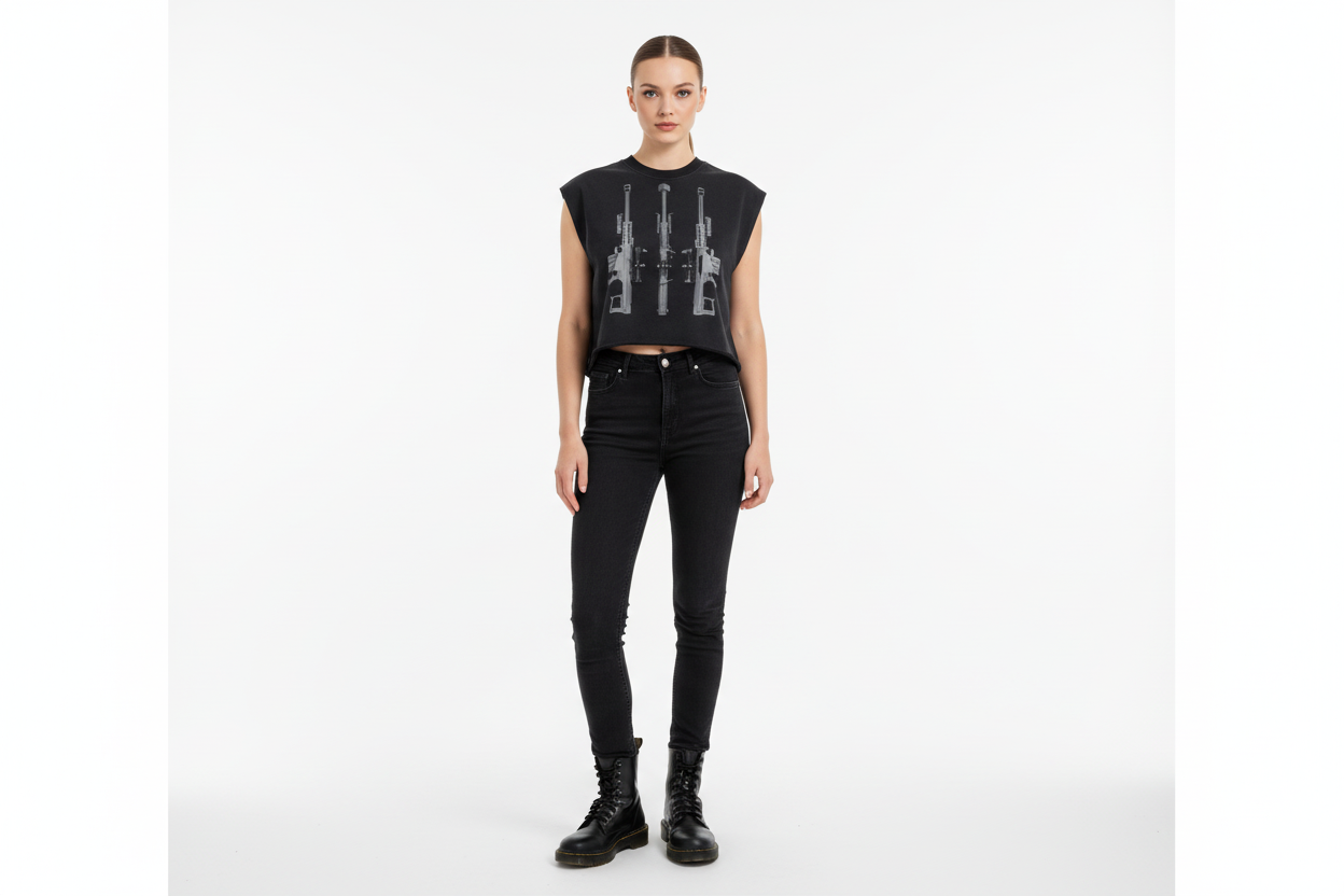 White female wearing BLACK ARROW ARMS tank top