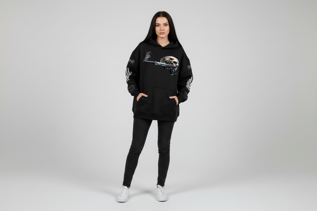 White female wearing BULLSEYE hoodie