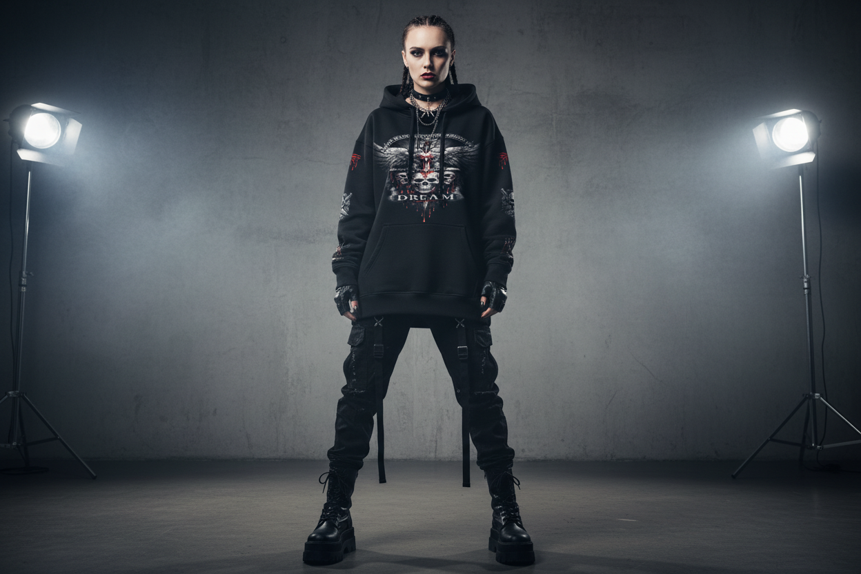 White female wearing D.R.E.A.M hoodie