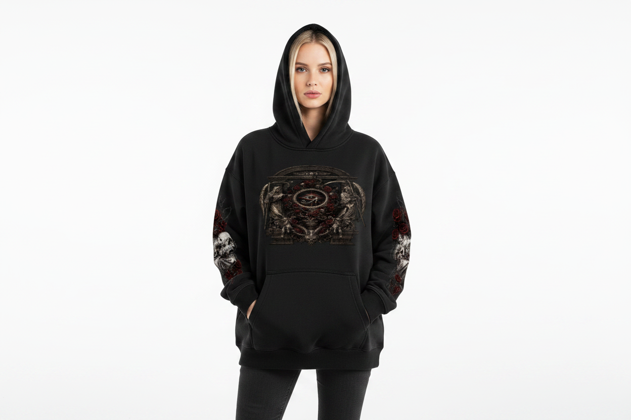White female wearing DEATH AND THE GRIM EYE hoodie