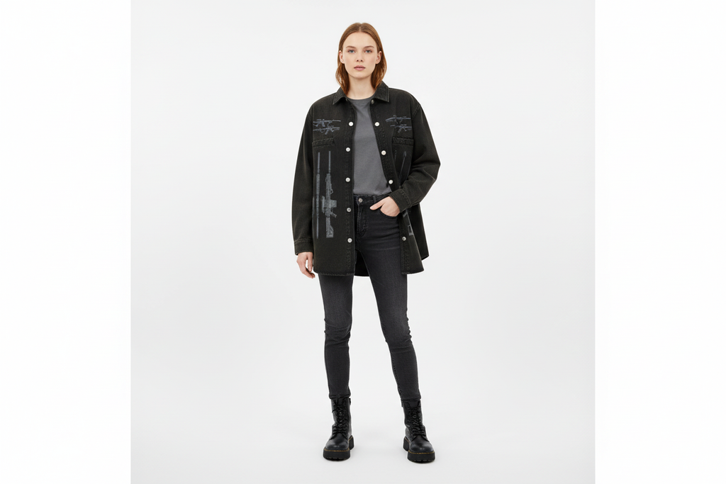 White female wearing ONI ARMS jacket