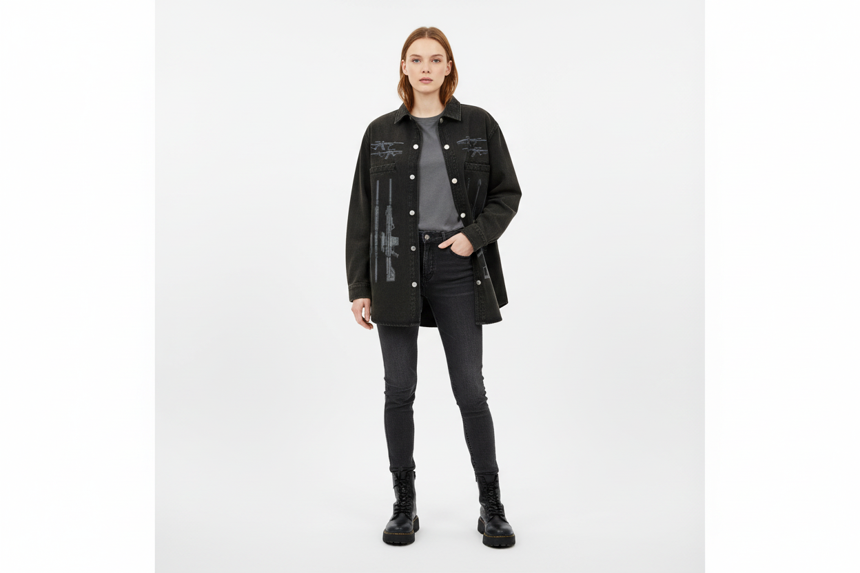 White female wearing ONI ARMS jacket