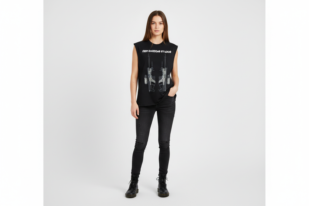 White female wearing ONI SNIPER RIFLE tank top