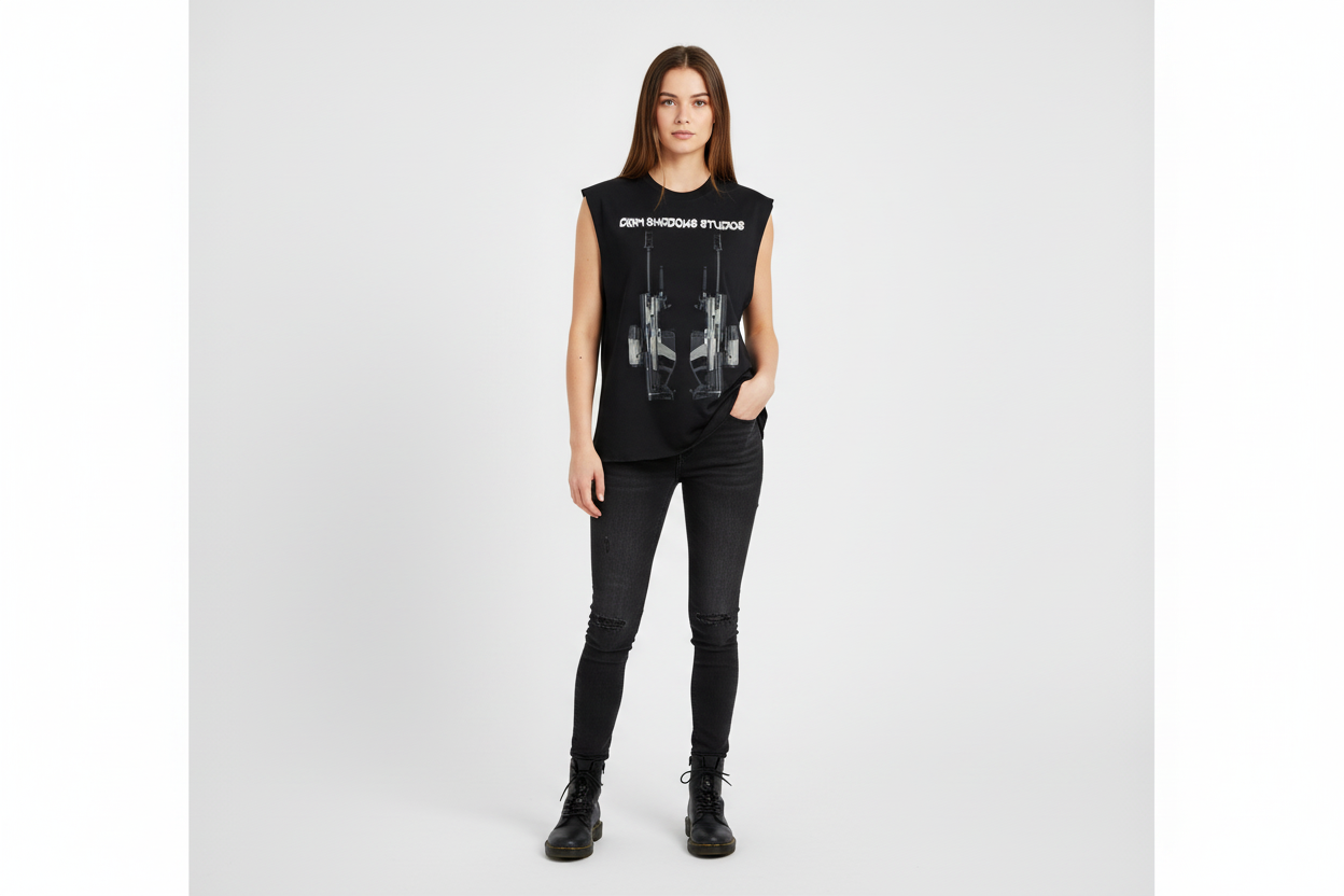 White female wearing ONI SNIPER RIFLE tank top